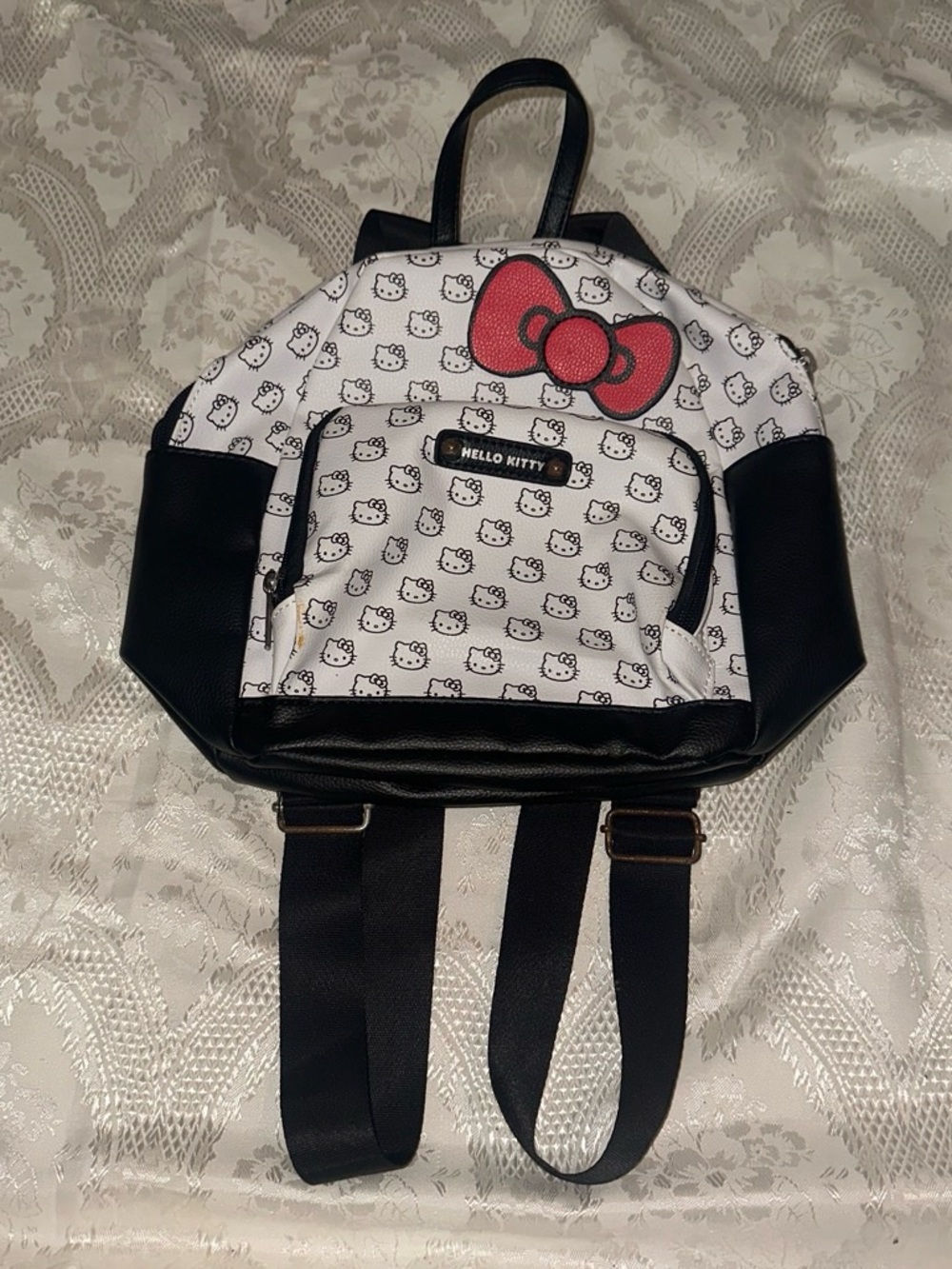 Hello Kitty White and Black Mini Backpack with Pink Bow Accent